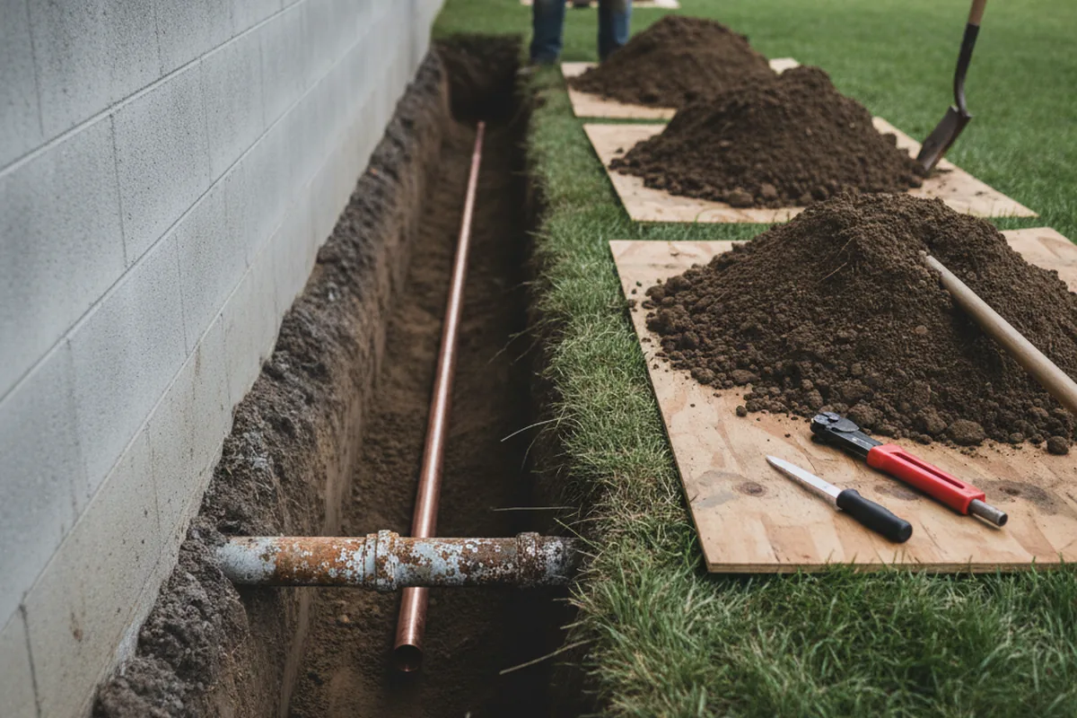 Excavated water line trench during Water Softener Installation in Fargo